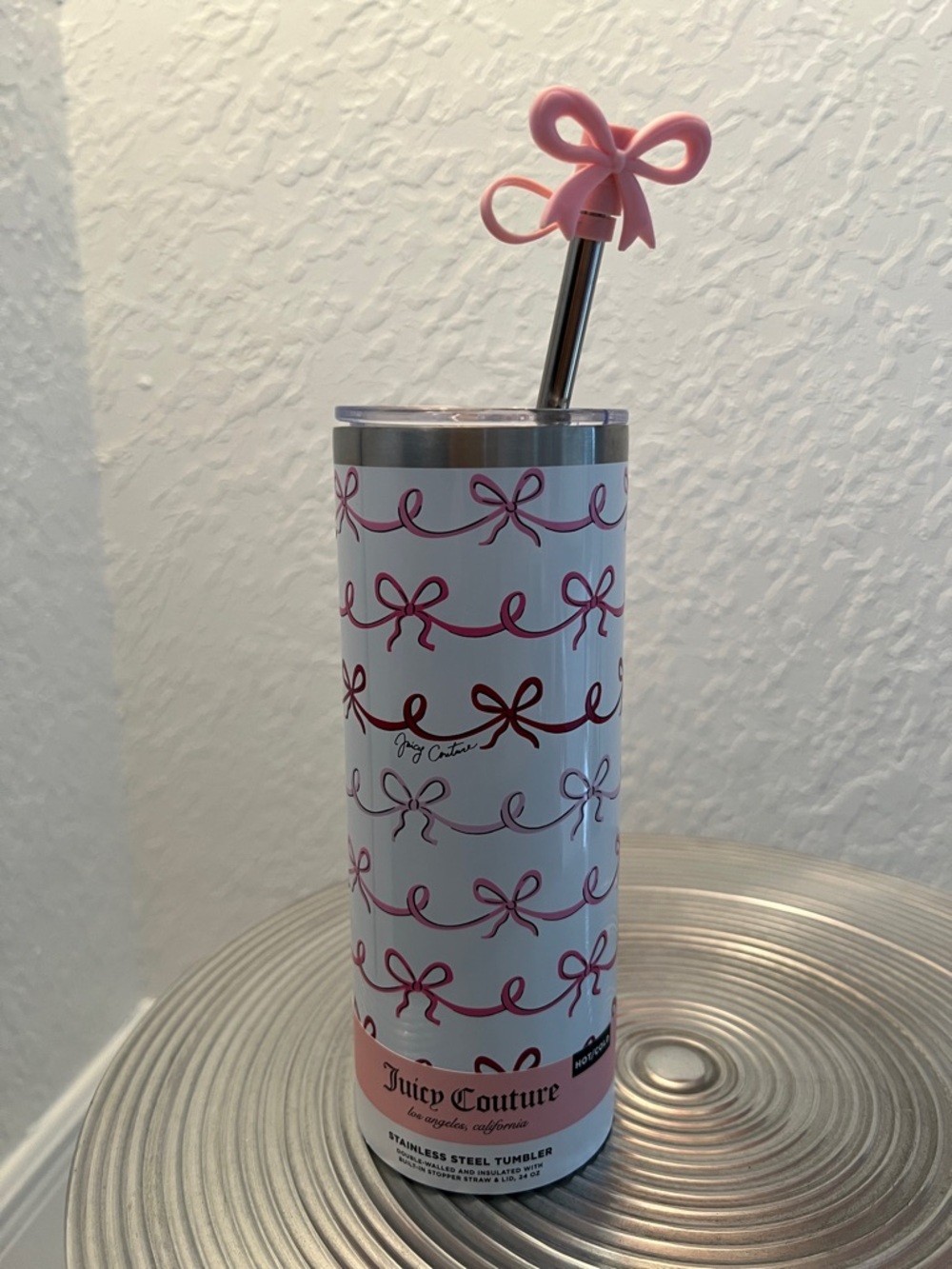JUICY COUTURE BOWS NWT 24oz HOT/COLD STAINLESS STEEL TUMBLER